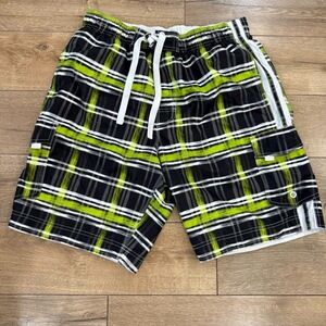 Wave Zone Shorts Mens Large Black‎ Green Plaid Cargo Board Elastic Drawstring